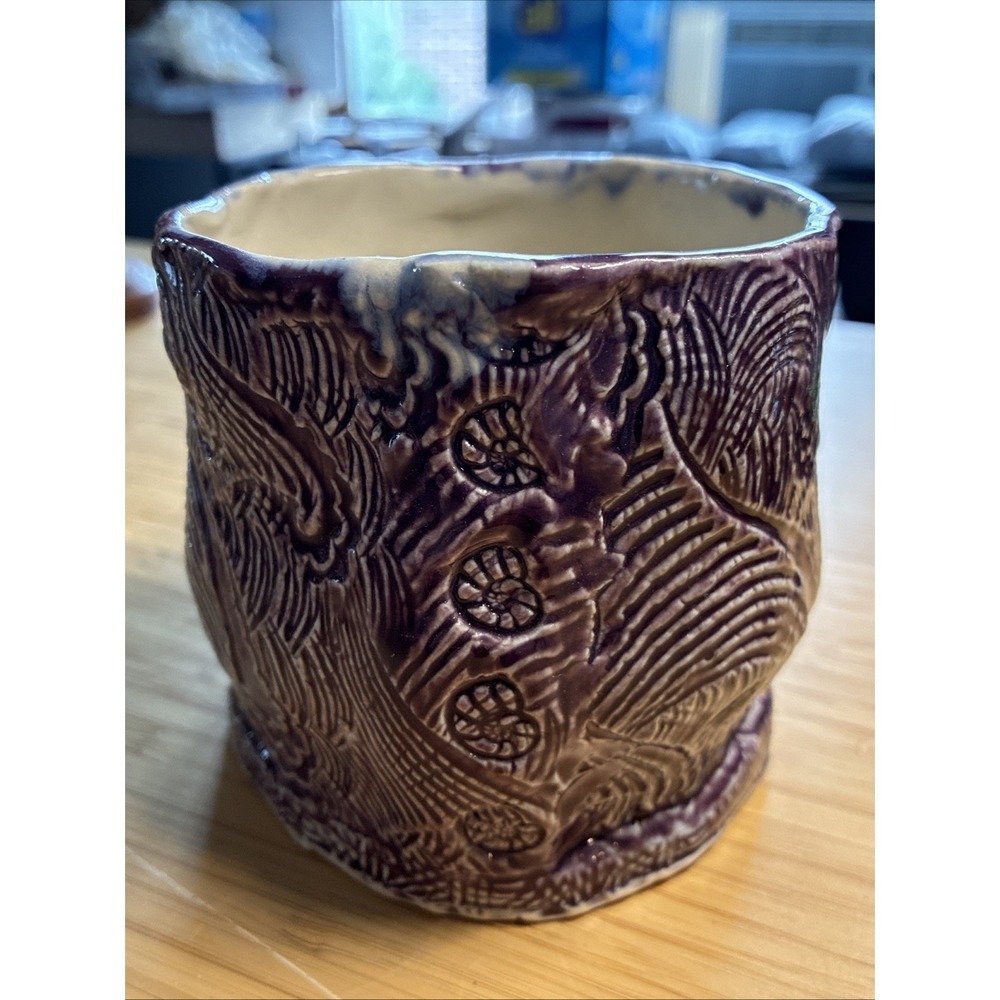 VTG Pink Purple Blue Pottery Drip Glaze Planter Floral Seashell Textured Art 4"